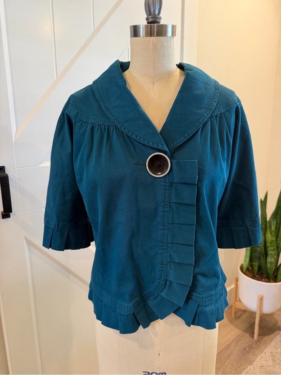 TRIA Tops - Teal Short-Sleeve Button-Front Ruffle Trim Shirt